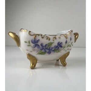 Vintage Porcelain Sugar Bowl Purple Flowers White China Handpainted Marked HW 96